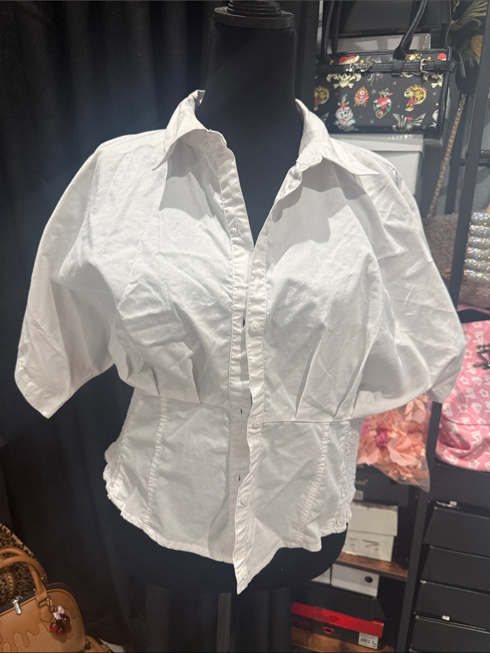 Express White Short Sleeve Fitted Button-Front Shirt